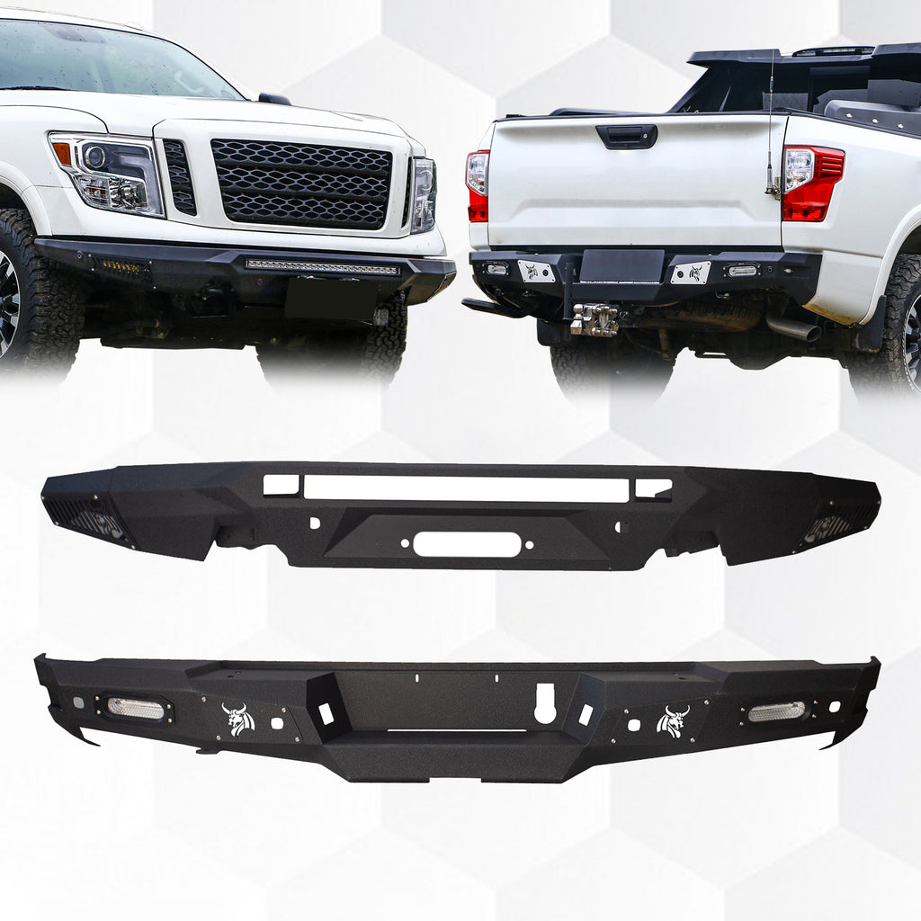 The Brave Fighter front and rear bumpers are compatible with the Nissan Titan, featuring winch plates, Bottom protective plate. Black textured powder coating. (Front Bumper & Rear Bumper)