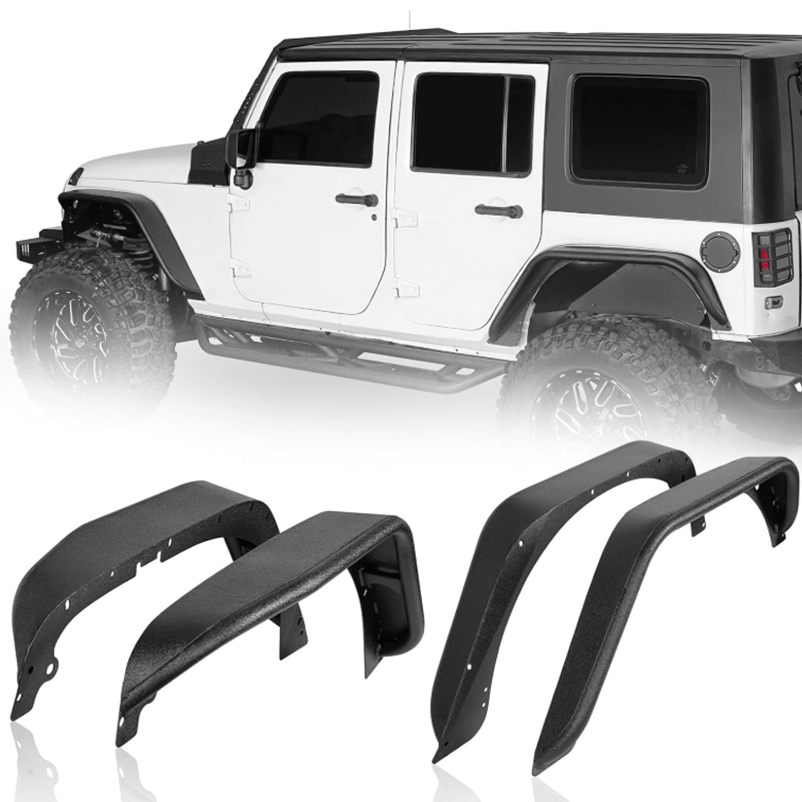 Brave Fighter Flat Fender Flares for 2007-2018 Jeep Wrangler JK, Front and Rear Steel Fenders - 4 PCS Set