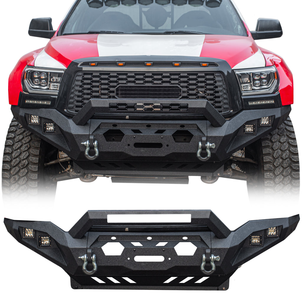 Brave Fighter Front Bumper Compatible with 2007-2013 Toyota Tundra with Winch Plate & 3 inch square light hole & 20 inch long strip light hole & D-Ring〔Black Textured Powder Coat〕