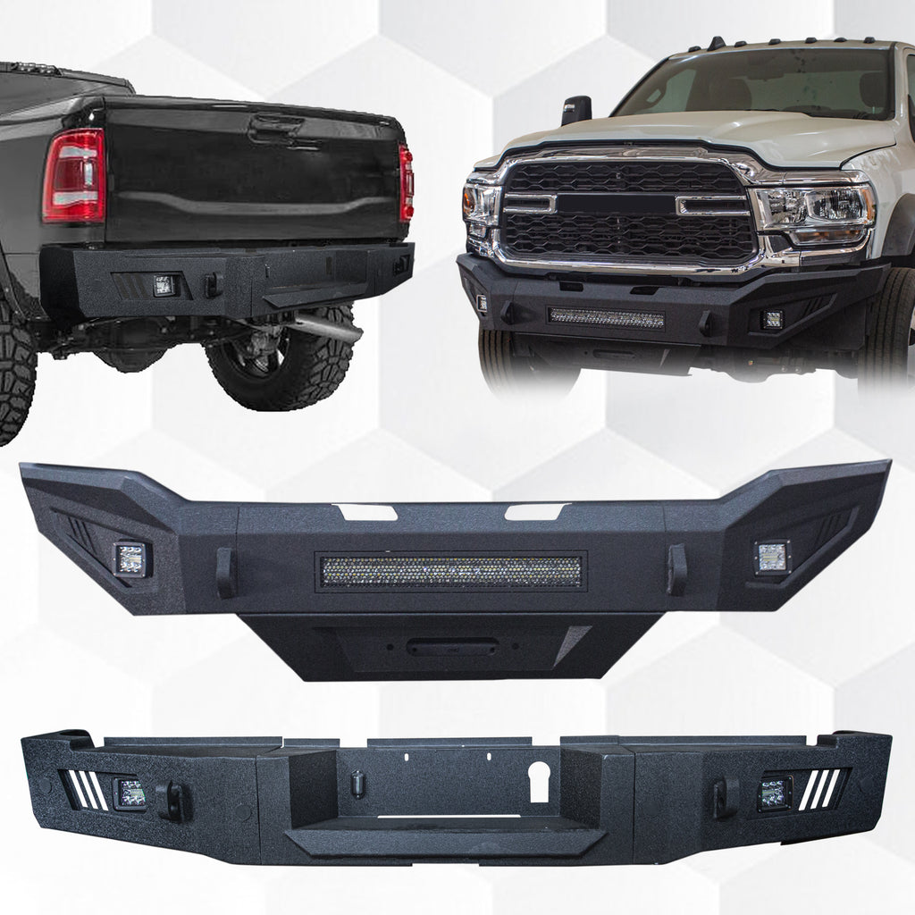 Front Bumper & Rear Bumper Compatible with 2019-2024 Dodge Ram 2500/3500/5500 with Winch Plate & 3 inch& 20 inch light hole & D-Ring〔Black Textured Powder Coat]