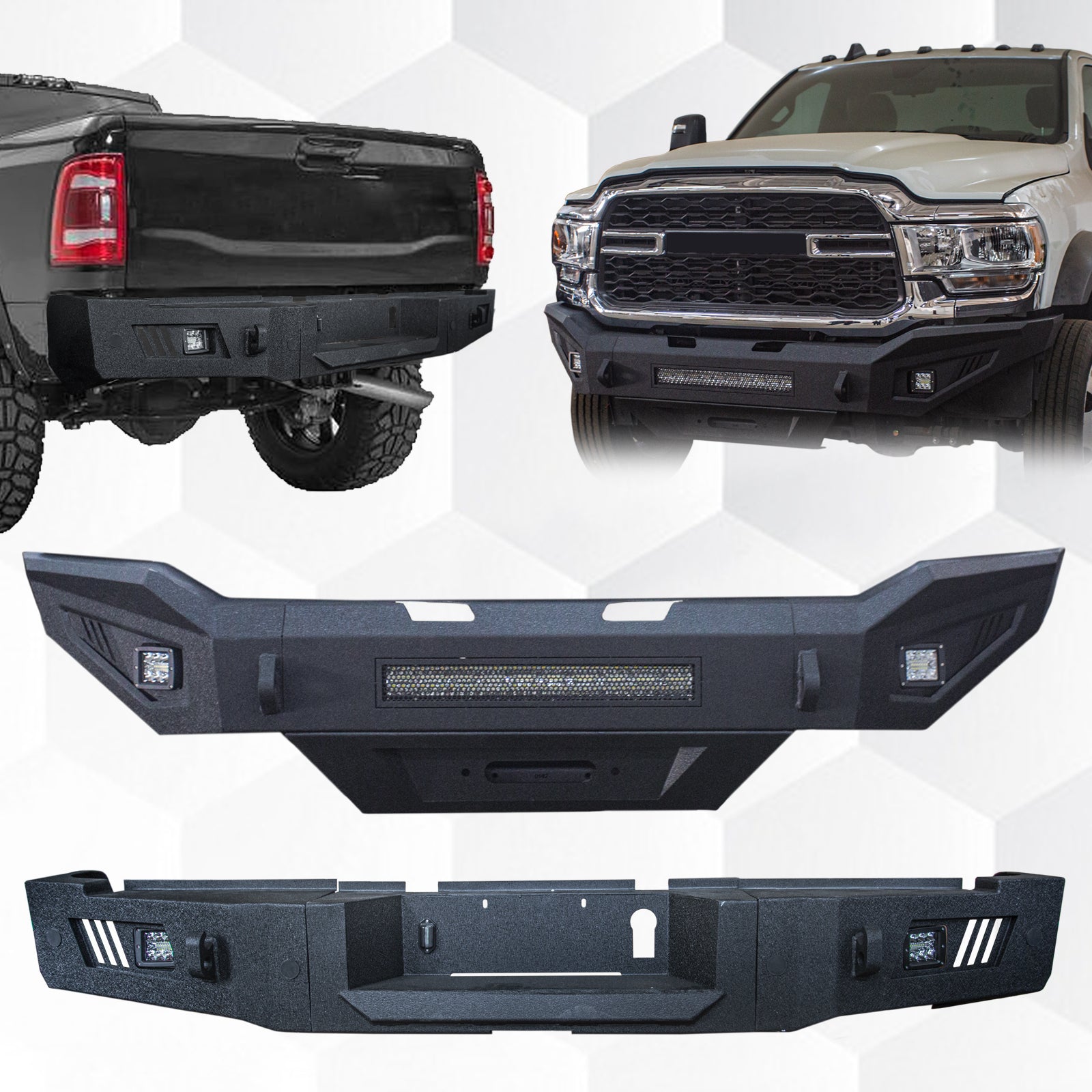 Front Bumper & Rear Bumper Compatible with 2019-2024 Dodge Ram 2500/3500/5500 with Winch Plate & 3 inch& 20 inch light hole & D-Ring〔Black Textured Powder Coat]