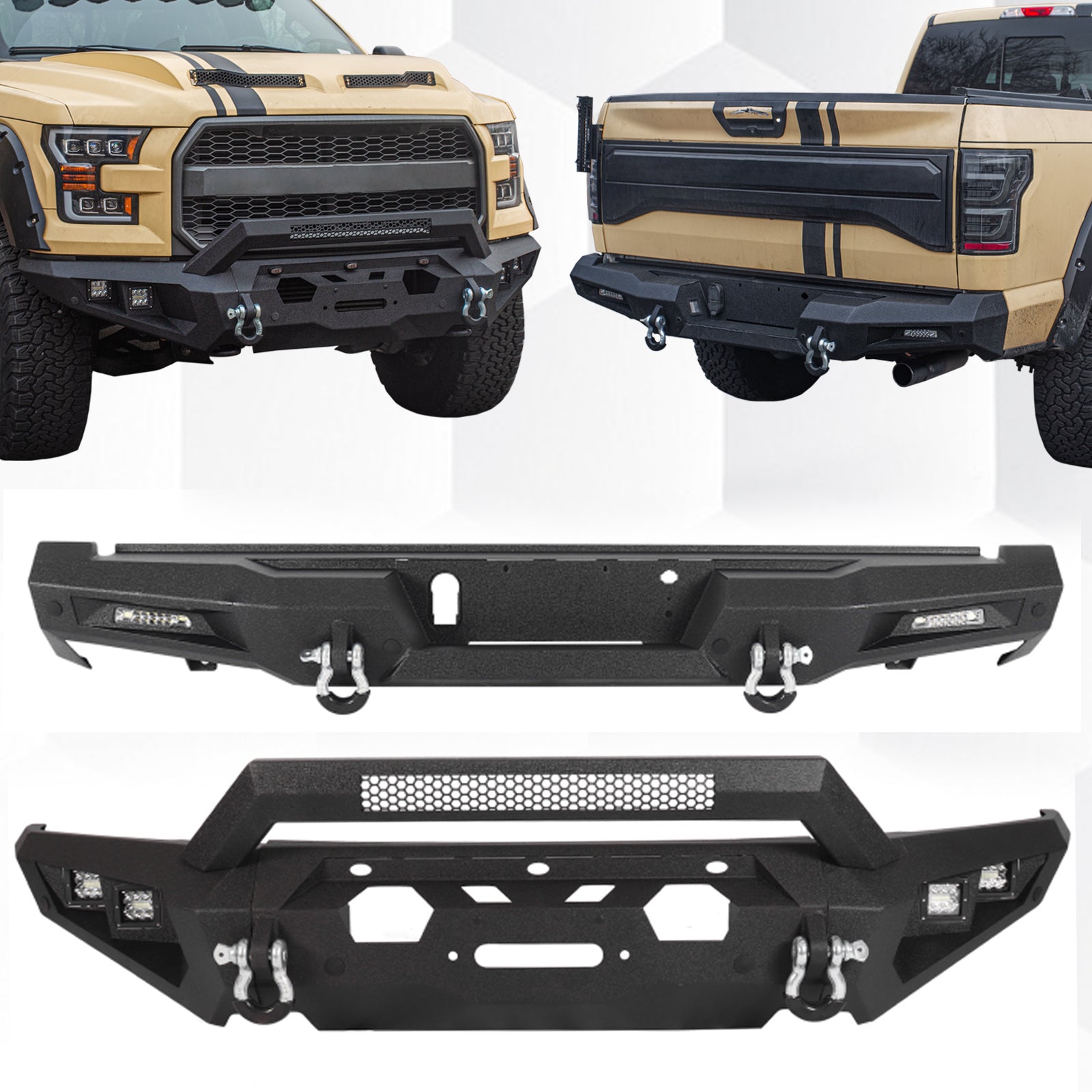 The Brave Fighter front and rear bumpers are compatible with the 2014-2019 Ford F150, featuring winch plates, LED lights, and D-rings. Black textured powder coating.