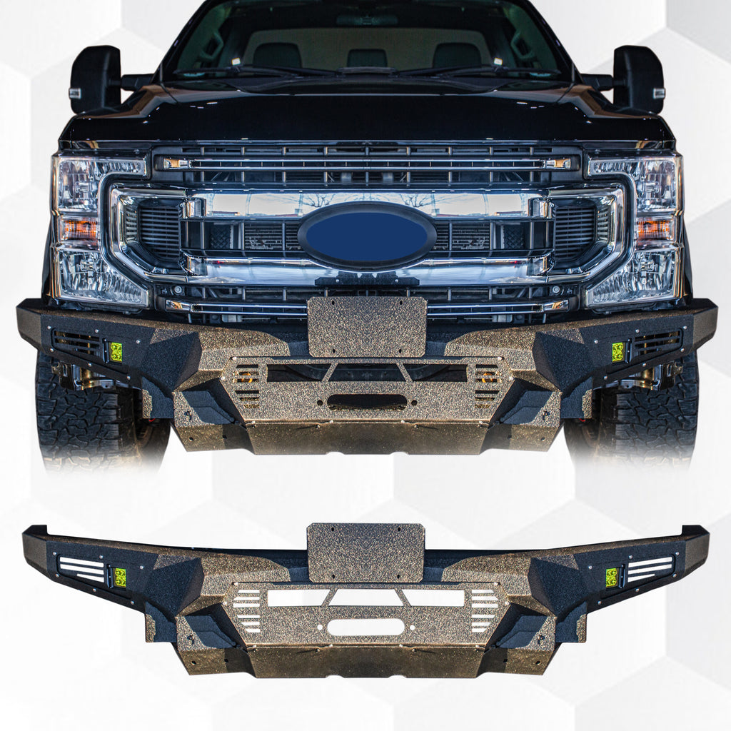 The Brave Fighter front bumper is compatible with the 2020-2022 Ford F550, featuring a hoist plate, 3-inch light holes, 20 inch light holes, and a bottom guard [black textured powder coating]