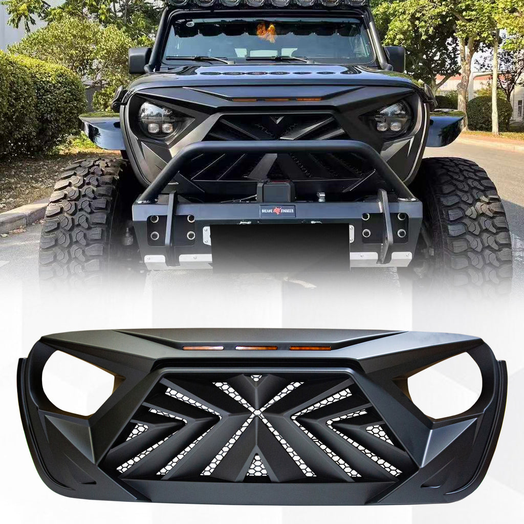 Brave Fighter Front Grill Cover Grille Guard for 2018-2025 Jeep Wrangler JL & Gladiator JT （Amber LED light）