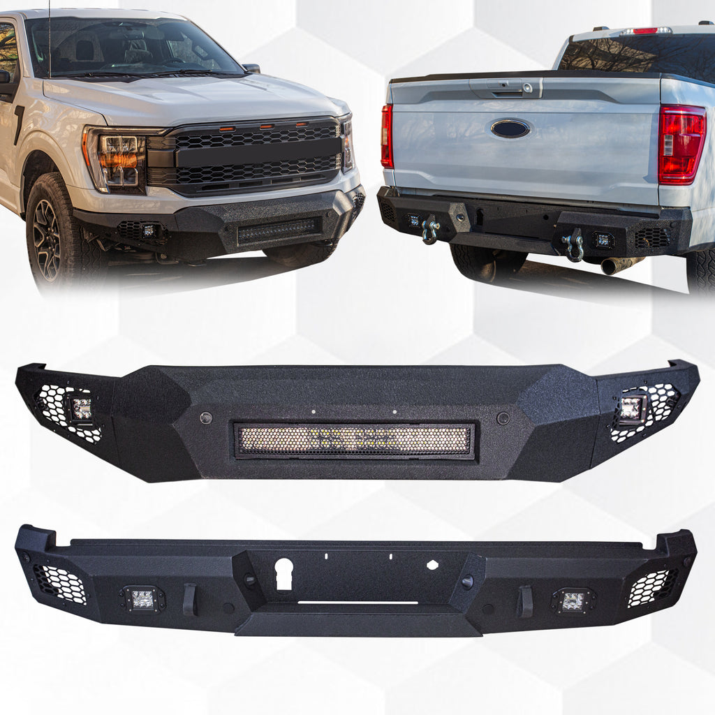 The Brave Fighter front and rear bumpers are compatible with the 2021-2024 Ford F150, featuring LED lights, and D-rings. Black textured powder coating.
