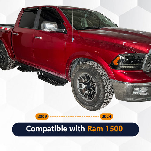 Brave Fighter Drop Side Step Running Boards for 2009-2024 Dodge ram 1500,Stair Design、All Steel Structure、Anti Slip Pattern、Heavy Duty Nerf Bar Side Steps，Black Textured Powder Coat.