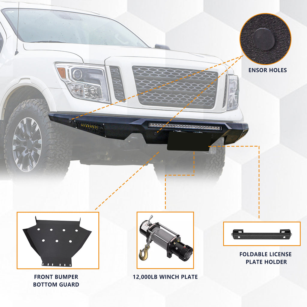 The Brave Fighter front and rear bumpers are compatible with the Nissan Titan, featuring winch plates, Bottom protective plate. Black textured powder coating. (Front Bumper & Rear Bumper)
