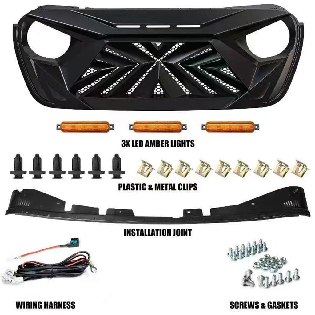 Brave Fighter Front Grill Cover Grille Guard for 2018-2025 Jeep Wrangler JL & Gladiator JT （Amber LED light）