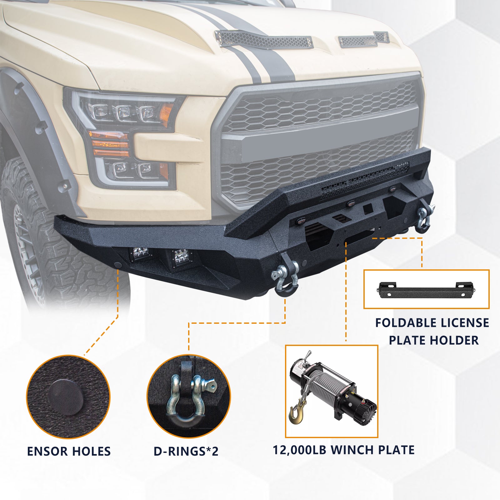 The Brave Fighter front and rear bumpers are compatible with the 2014-2019 Ford F150, featuring winch plates, LED lights, and D-rings. Black textured powder coating.