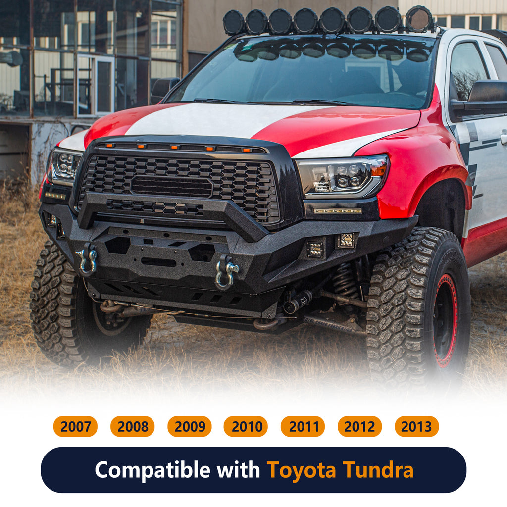 Brave Fighter Front Bumper Compatible with 2007-2013 Toyota Tundra with Winch Plate & 3 inch square light hole & 20 inch long strip light hole & D-Ring〔Black Textured Powder Coat〕