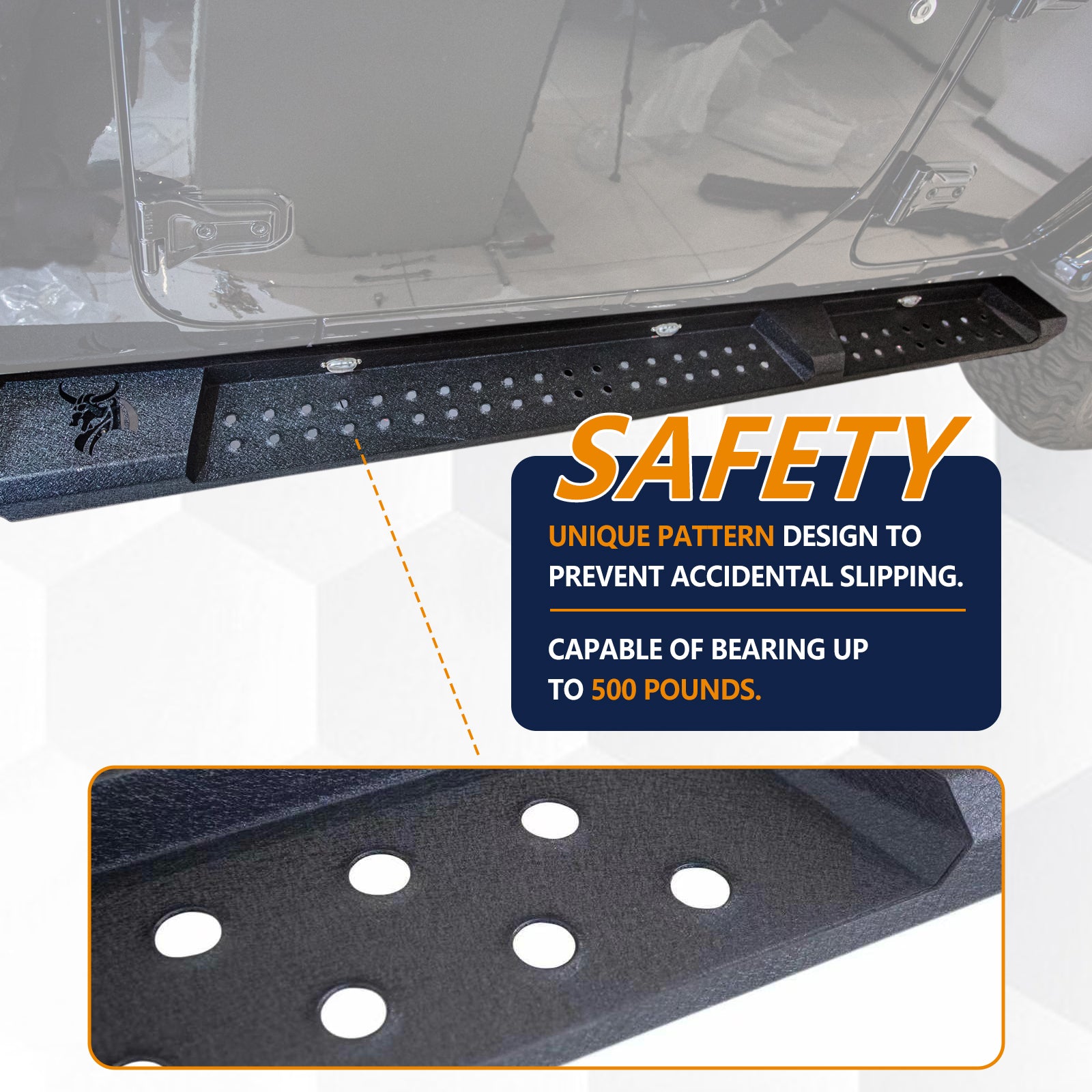 Brave Fighter Running Boards for 2018-2025 Wrangler JL,All Steel Structure、Anti Slip Pattern、Nerf Bars，Black Textured Powder Coat.