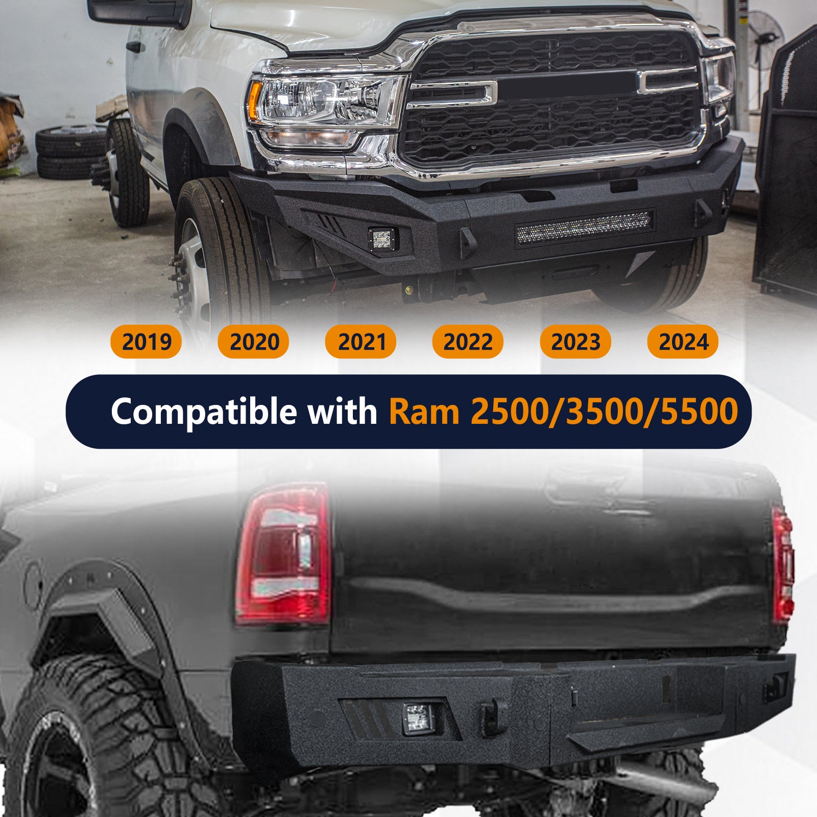 Front Bumper & Rear Bumper Compatible with 2019-2024 Dodge Ram 2500/3500/5500 with Winch Plate & 3 inch& 20 inch light hole & D-Ring〔Black Textured Powder Coat]
