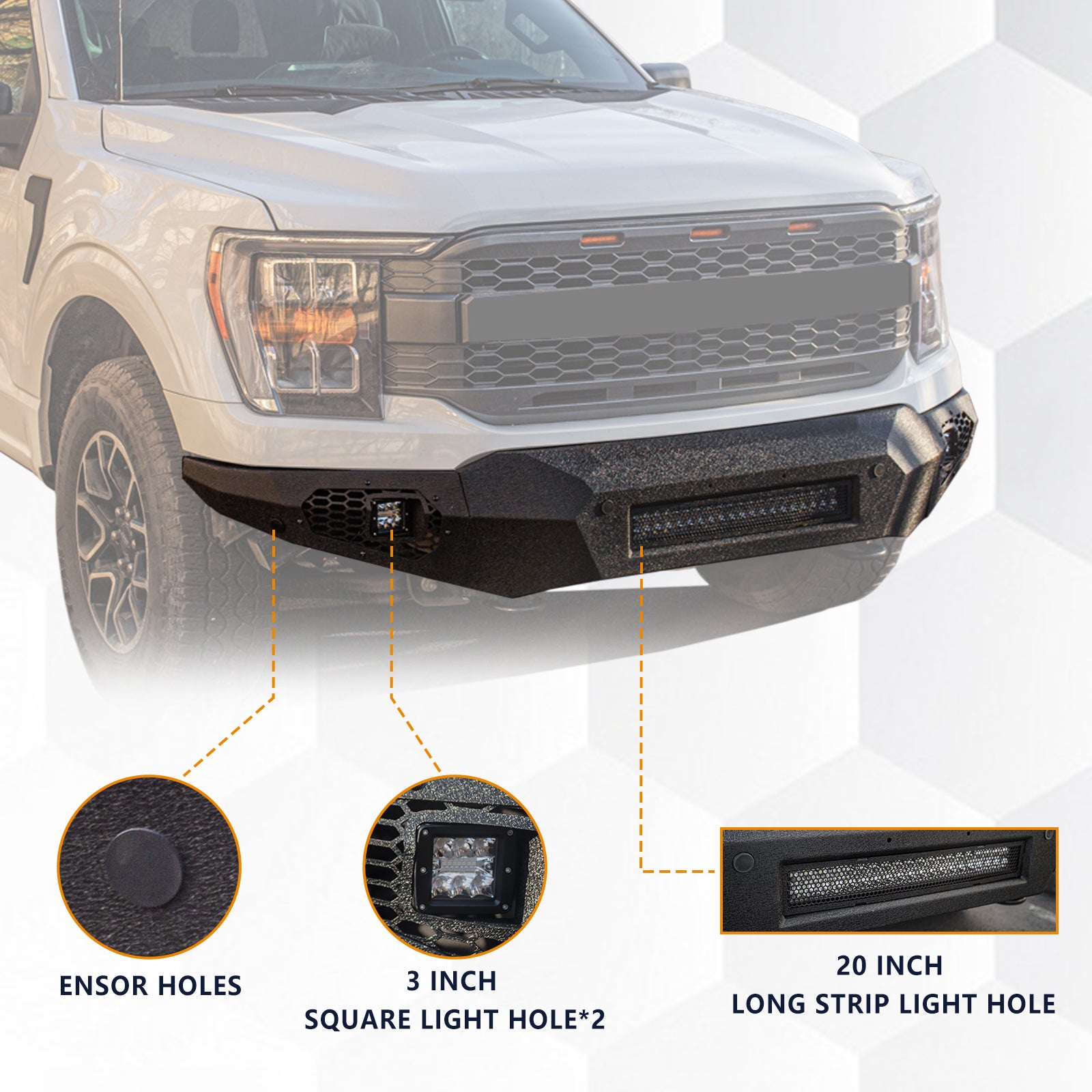 The Brave Fighter front and rear bumpers are compatible with the 2021-2024 Ford F150, featuring LED lights, and D-rings. Black textured powder coating.