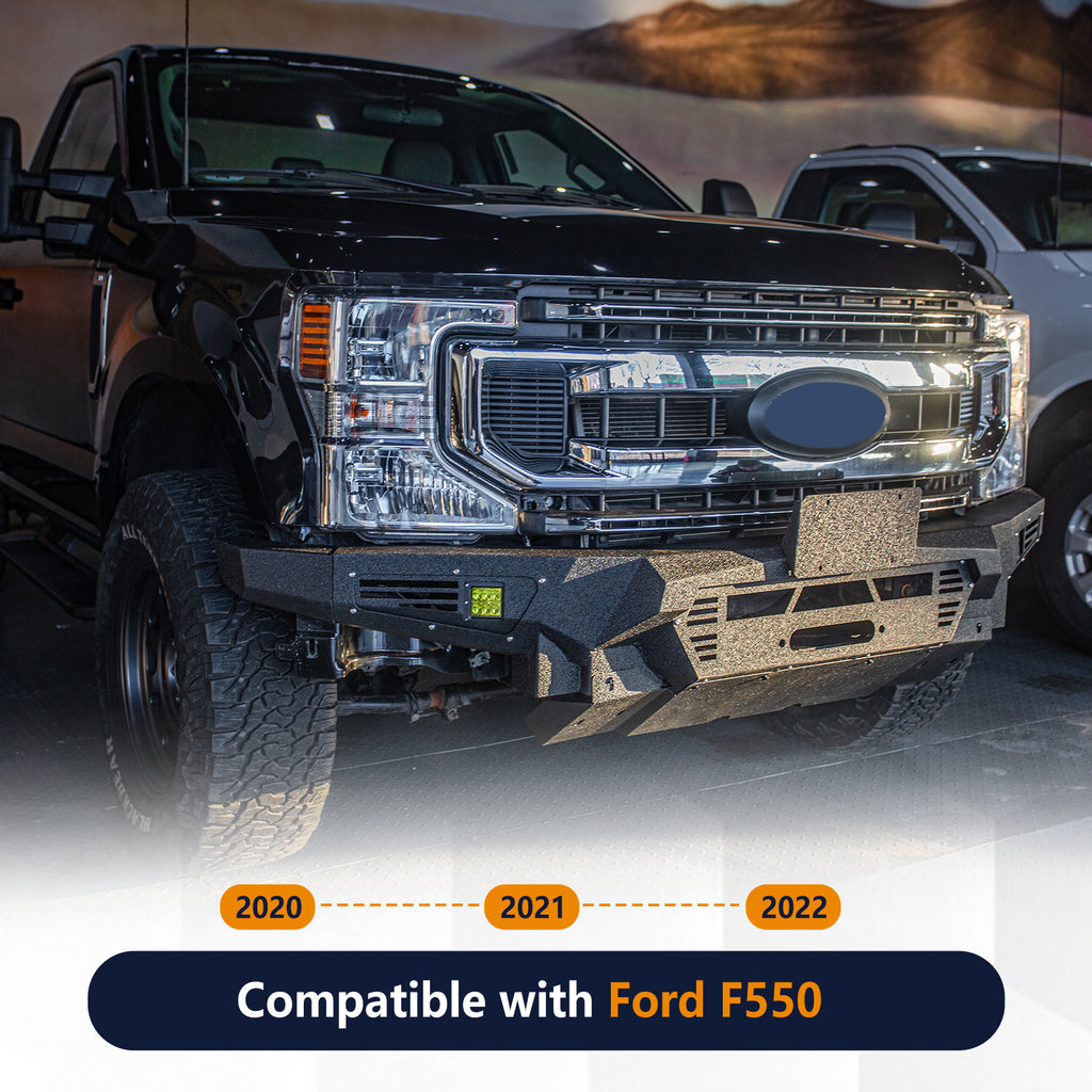 The Brave Fighter front bumper is compatible with the 2020-2022 Ford F550, featuring a hoist plate, 3-inch light holes, 20 inch light holes, and a bottom guard [black textured powder coating]