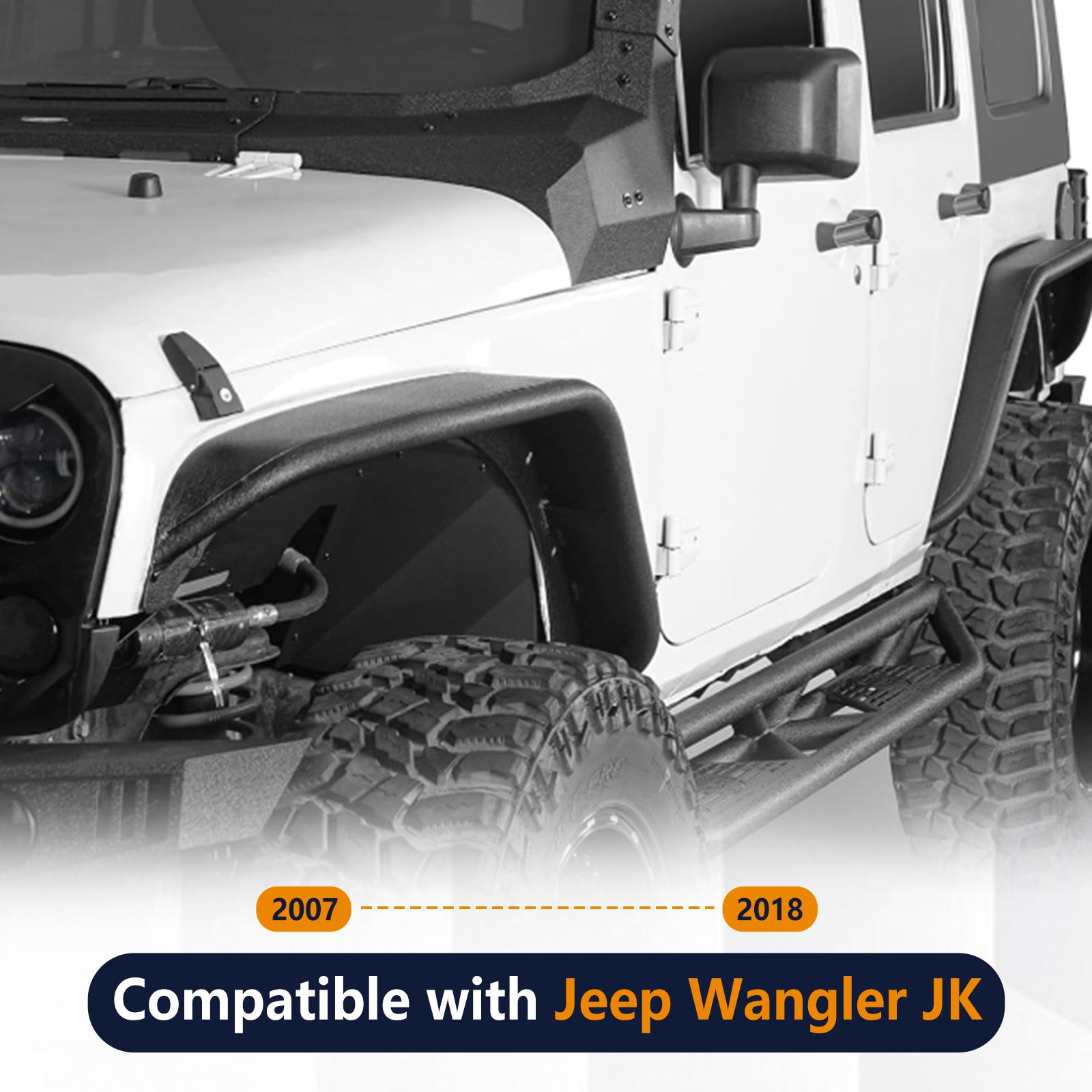 Brave Fighter Flat Fender Flares for 2007-2018 Jeep Wrangler JK, Front and Rear Steel Fenders - 4 PCS Set