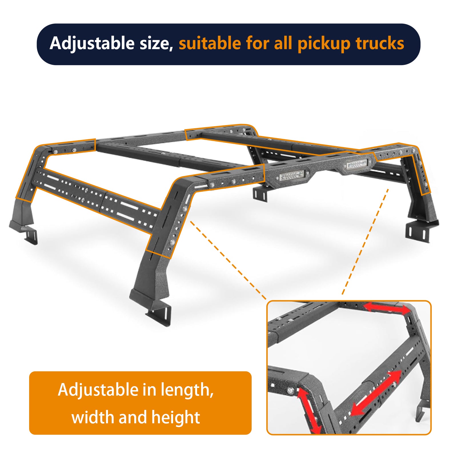 Brave Fighter Roll Bar for Full-Size Truck Adjustable Chase Rack Pickup Sport Bar，Luggage Rack，Adjustable Size, Compatible with Various Pickup Trucks，Black Textured Powder Coat.