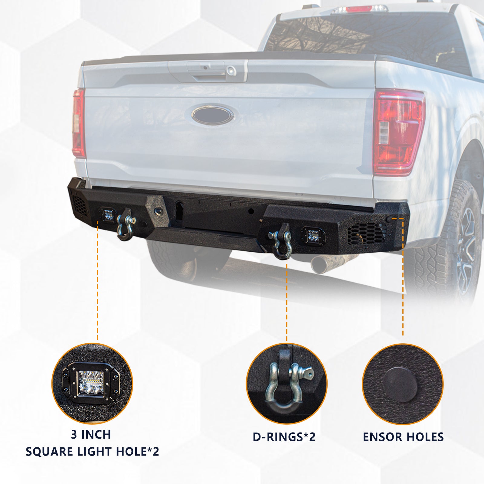 The Brave Fighter front and rear bumpers are compatible with the 2021-2024 Ford F150, featuring LED lights, and D-rings. Black textured powder coating.
