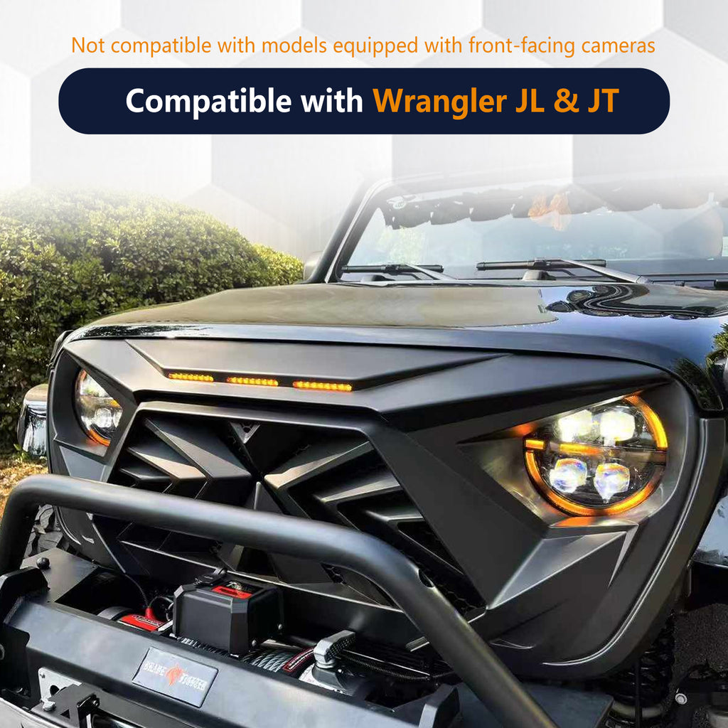Brave Fighter Front Grill Cover Grille Guard for 2018-2025 Jeep Wrangler JL & Gladiator JT （Amber LED light）