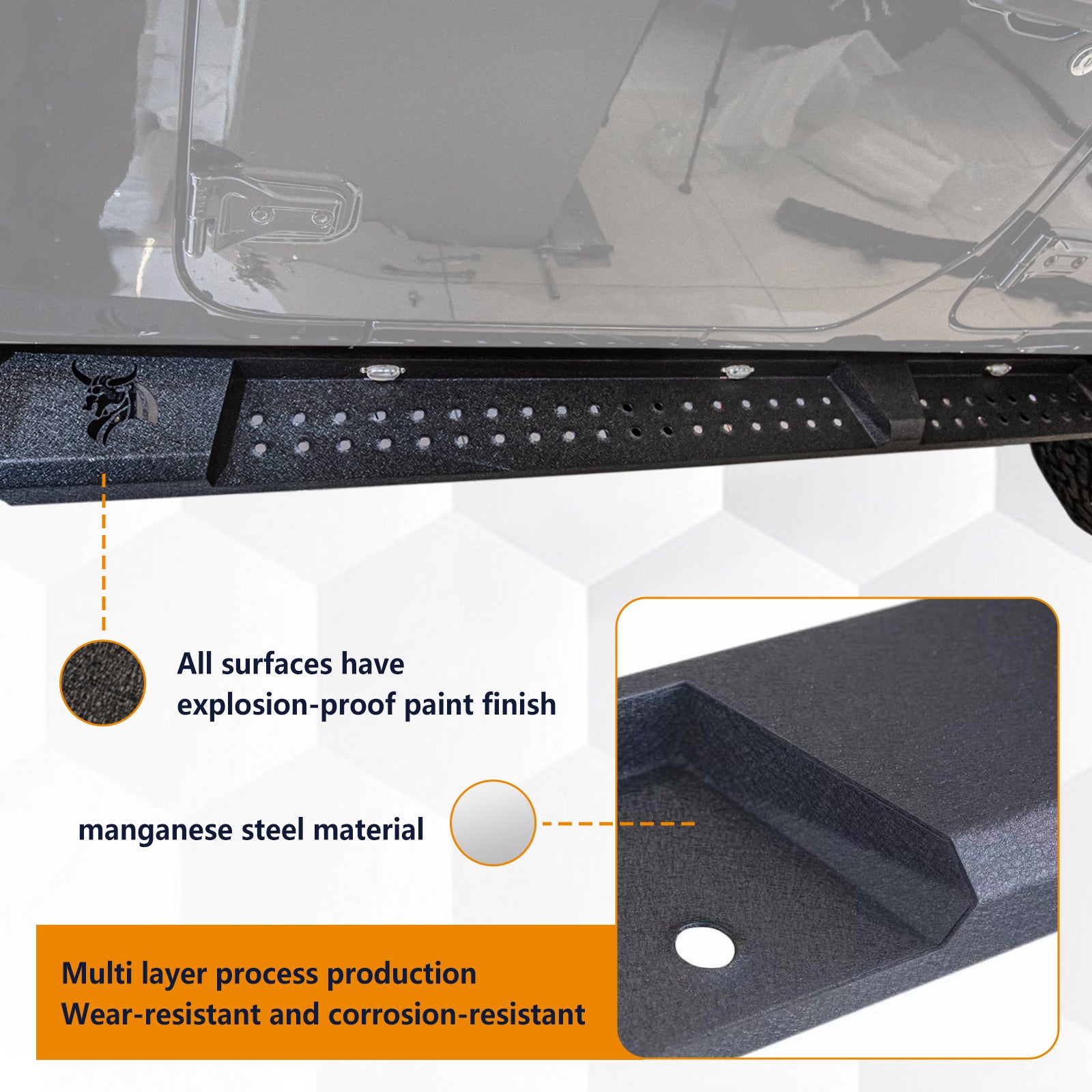 Brave Fighter Running Boards for 2018-2025 Wrangler JL,All Steel Structure、Anti Slip Pattern、Nerf Bars，Black Textured Powder Coat.
