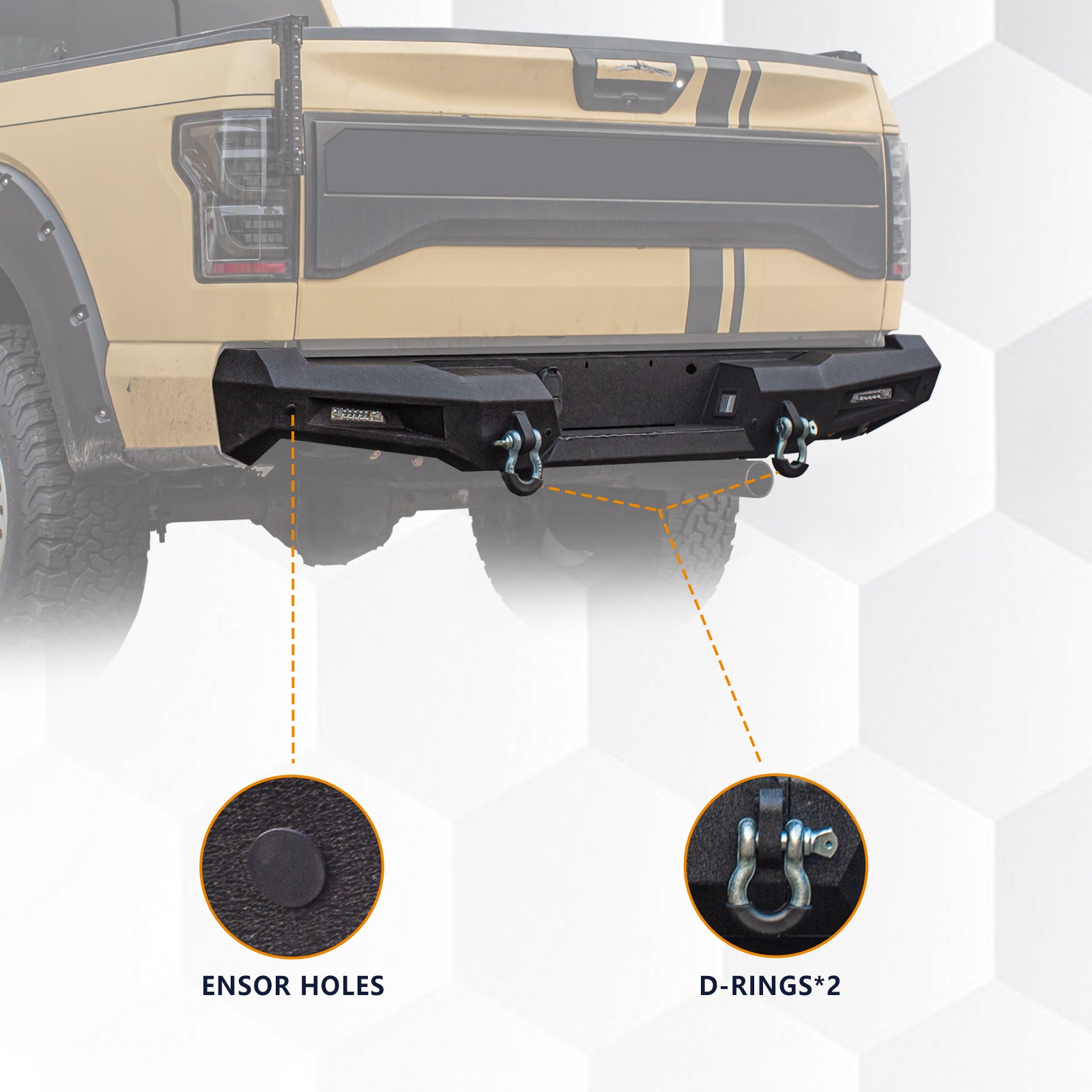 The Brave Fighter front and rear bumpers are compatible with the 2014-2019 Ford F150, featuring winch plates, LED lights, and D-rings. Black textured powder coating.