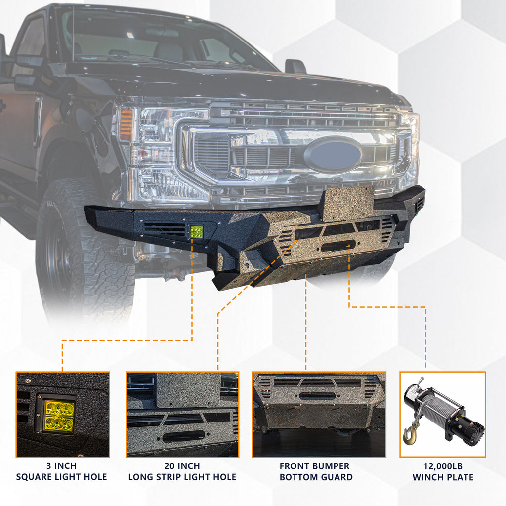 The Brave Fighter front bumper is compatible with the 2020-2022 Ford F550, featuring a hoist plate, 3-inch light holes, 20 inch light holes, and a bottom guard [black textured powder coating]
