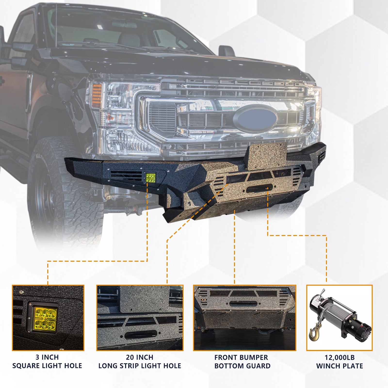 The Brave Fighter front bumper is compatible with the 2020-2022 Ford F550, featuring a hoist plate, 3-inch light holes, 20 inch light holes, and a bottom guard [black textured powder coating]