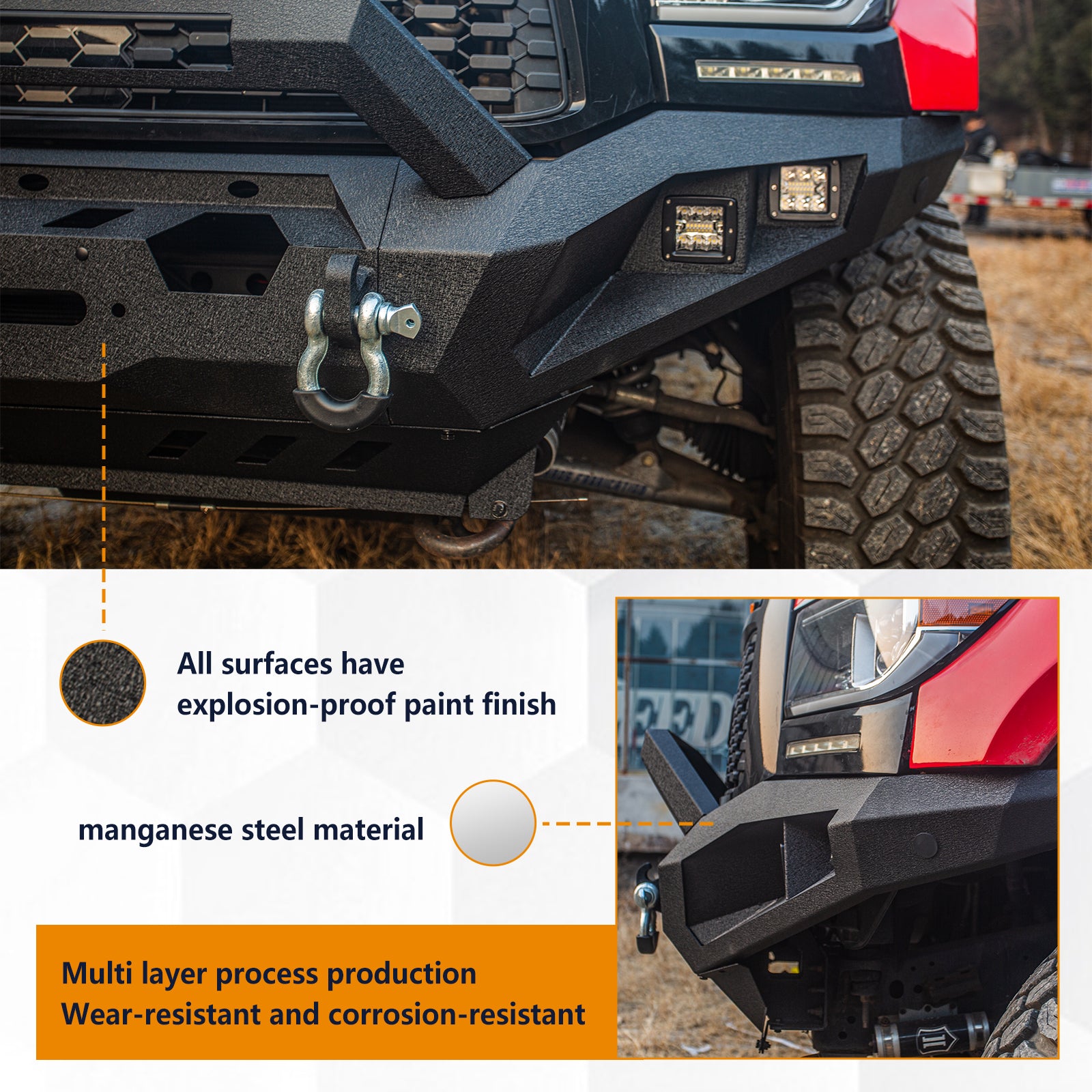 Brave Fighter Front Bumper Compatible with 2007-2013 Toyota Tundra with Winch Plate & 3 inch square light hole & 20 inch long strip light hole & D-Ring〔Black Textured Powder Coat〕