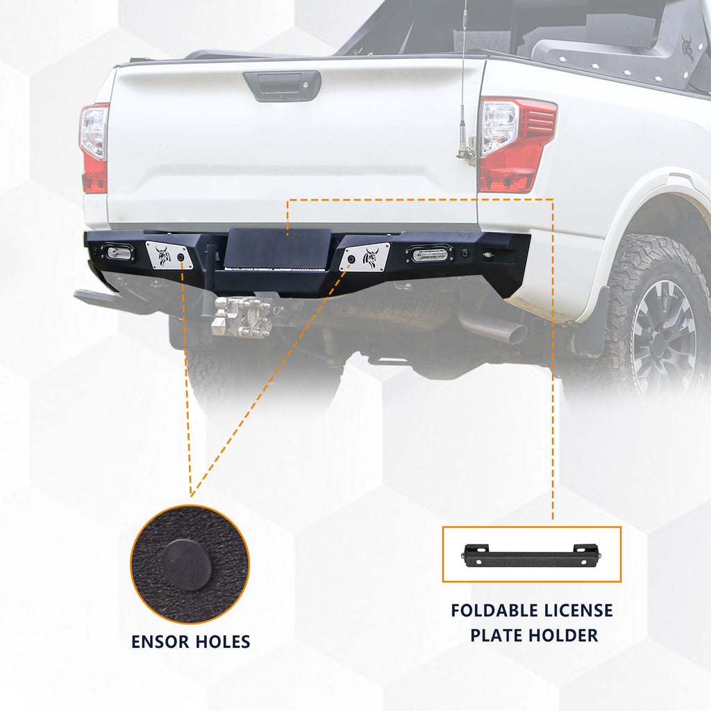 The Brave Fighter front and rear bumpers are compatible with the Nissan Titan, featuring winch plates, Bottom protective plate. Black textured powder coating. (Front Bumper & Rear Bumper)