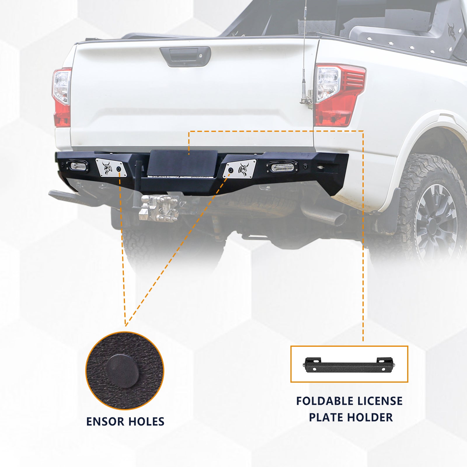 The Brave Fighter front and rear bumpers are compatible with the Nissan Titan, featuring winch plates, Bottom protective plate. Black textured powder coating. (Front Bumper & Rear Bumper)