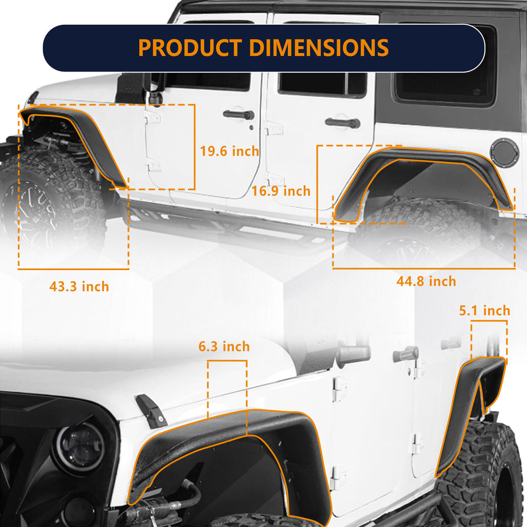 Brave Fighter Flat Fender Flares for 2007-2018 Jeep Wrangler JK, Front and Rear Steel Fenders - 4 PCS Set