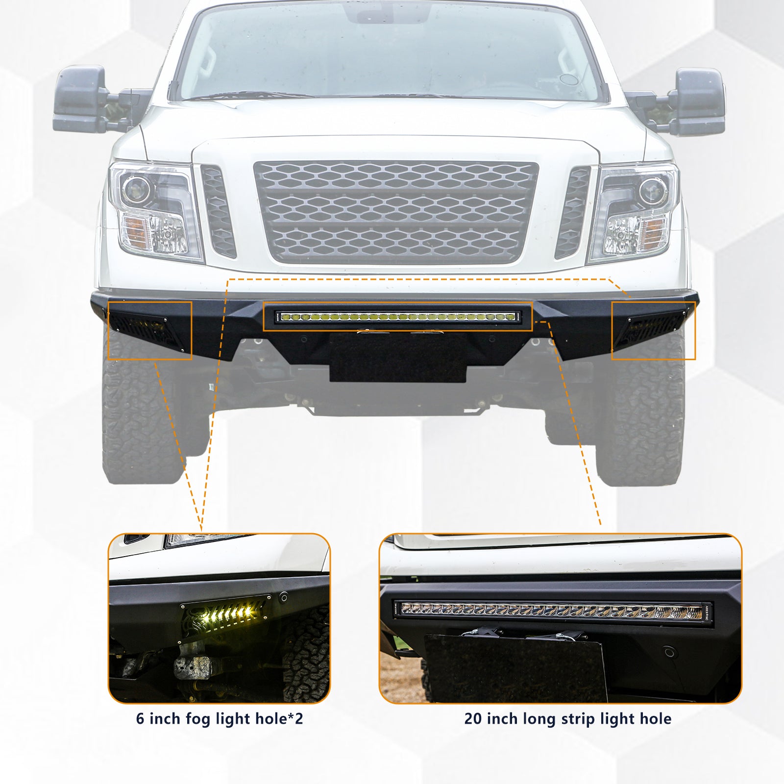 The Brave Fighter front and rear bumpers are compatible with the Nissan Titan, featuring winch plates, Bottom protective plate. Black textured powder coating. (Front Bumper & Rear Bumper)