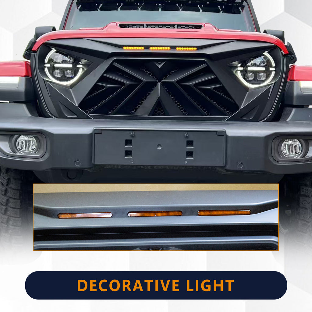 Brave Fighter Front Grill Cover Grille Guard for 2018-2025 Jeep Wrangler JL & Gladiator JT （Amber LED light）