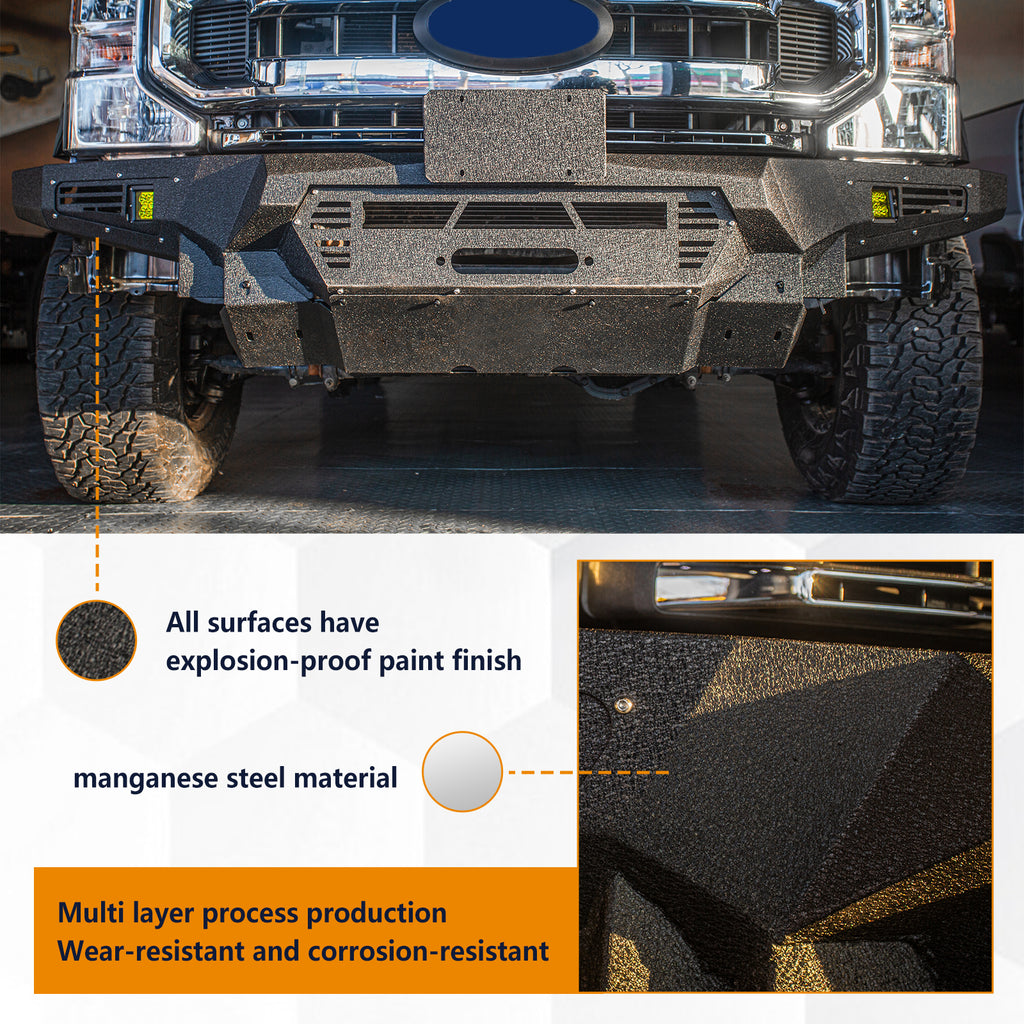 The Brave Fighter front bumper is compatible with the 2020-2022 Ford F550, featuring a hoist plate, 3-inch light holes, 20 inch light holes, and a bottom guard [black textured powder coating]