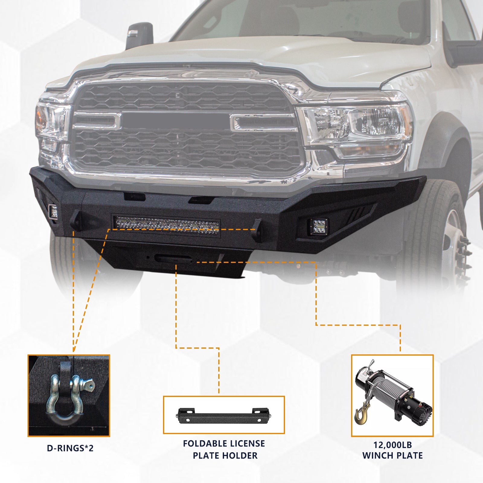 Front Bumper & Rear Bumper Compatible with 2019-2024 Dodge Ram 2500/3500/5500 with Winch Plate & 3 inch& 20 inch light hole & D-Ring〔Black Textured Powder Coat]