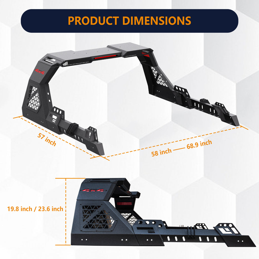 Brave Fighter Roll Bar for Full-Size Truck Adjustable Chase Rack Pickup Sport Bar，Adjustable Size, Compatible with Various Pickup Trucks，Black Textured Powder Coat.