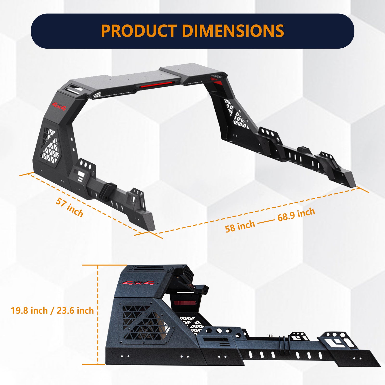 Brave Fighter Roll Bar for Full-Size Truck Adjustable Chase Rack Pickup Sport Bar，Adjustable Size, Compatible with Various Pickup Trucks，Black Textured Powder Coat.