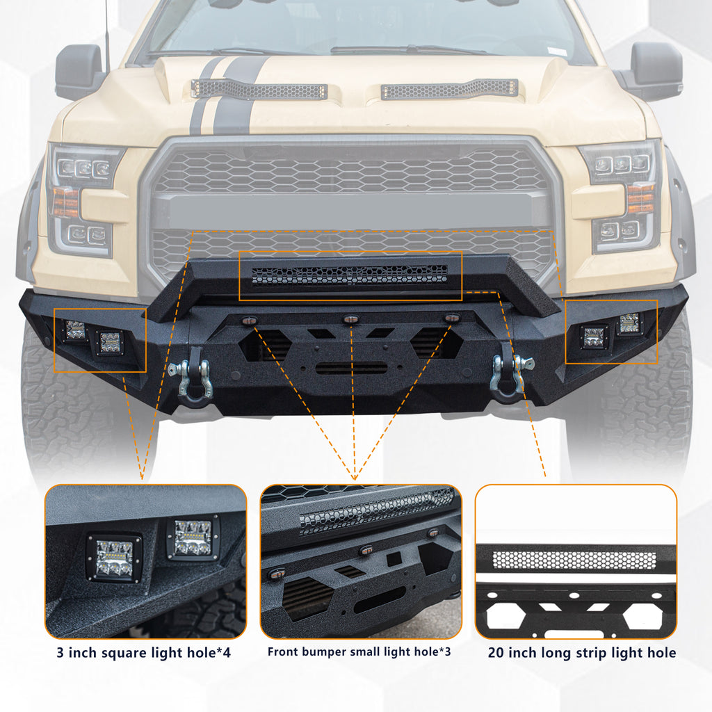 The Brave Fighter front and rear bumpers are compatible with the 2014-2019 Ford F150, featuring winch plates, LED lights, and D-rings. Black textured powder coating.