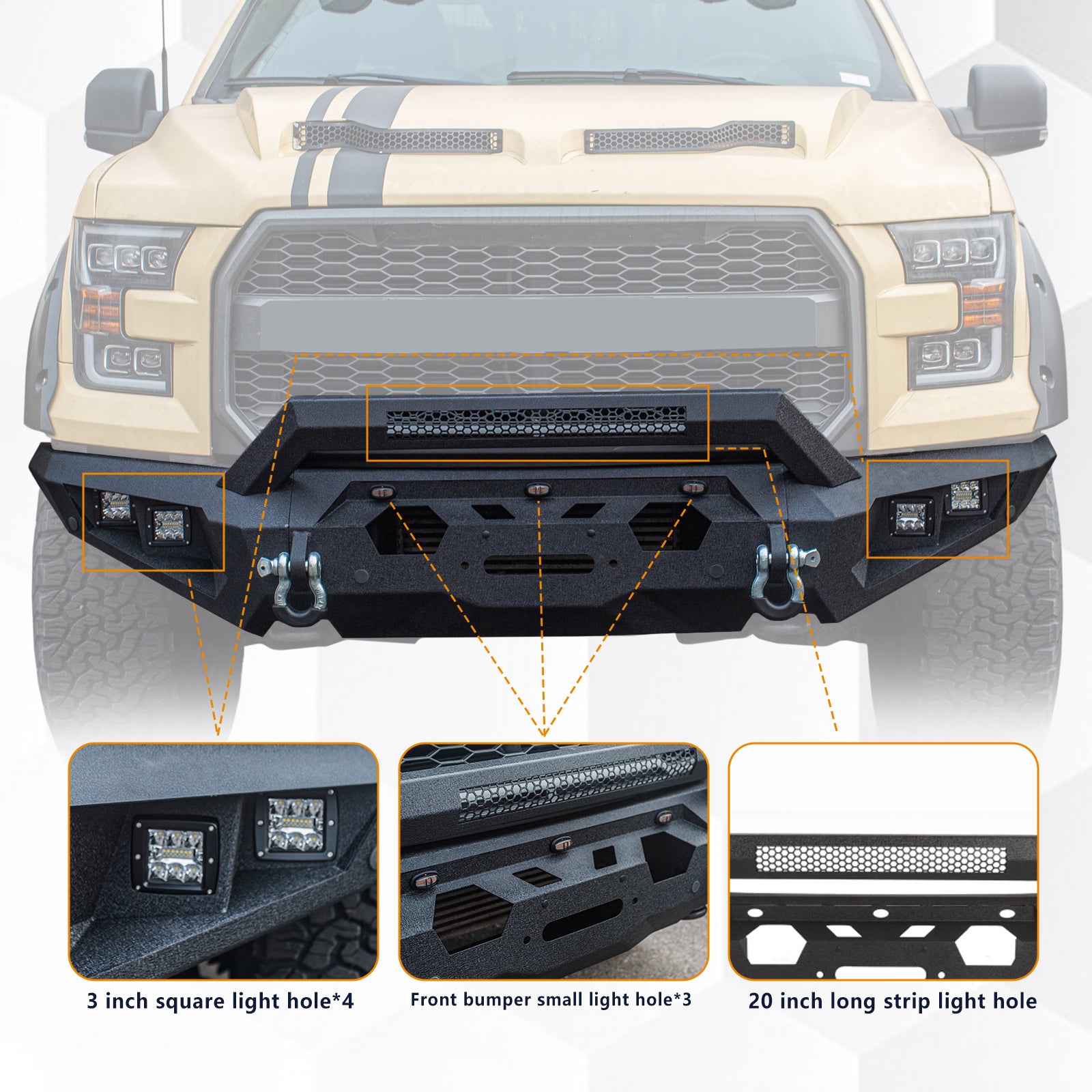 The Brave Fighter front and rear bumpers are compatible with the 2014-2019 Ford F150, featuring winch plates, LED lights, and D-rings. Black textured powder coating.