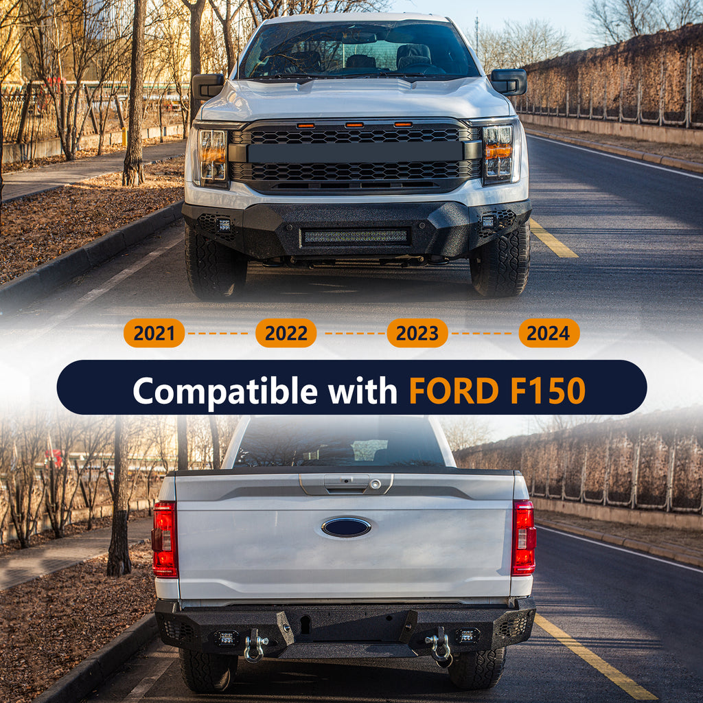 The Brave Fighter front and rear bumpers are compatible with the 2021-2024 Ford F150, featuring LED lights, and D-rings. Black textured powder coating.
