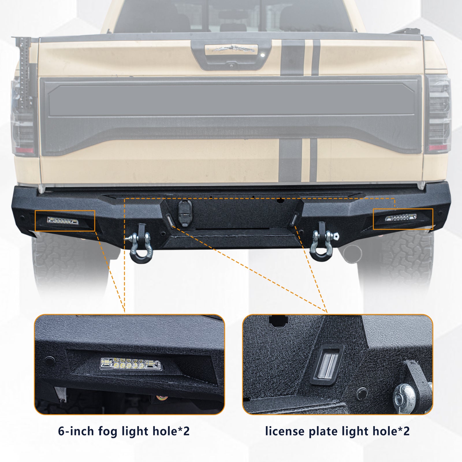 The Brave Fighter front and rear bumpers are compatible with the 2014-2019 Ford F150, featuring winch plates, LED lights, and D-rings. Black textured powder coating.