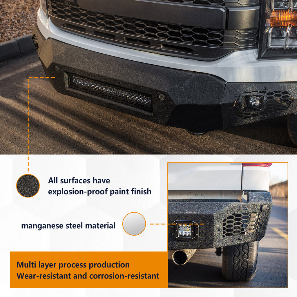 The Brave Fighter front and rear bumpers are compatible with the 2021-2024 Ford F150, featuring LED lights, and D-rings. Black textured powder coating.