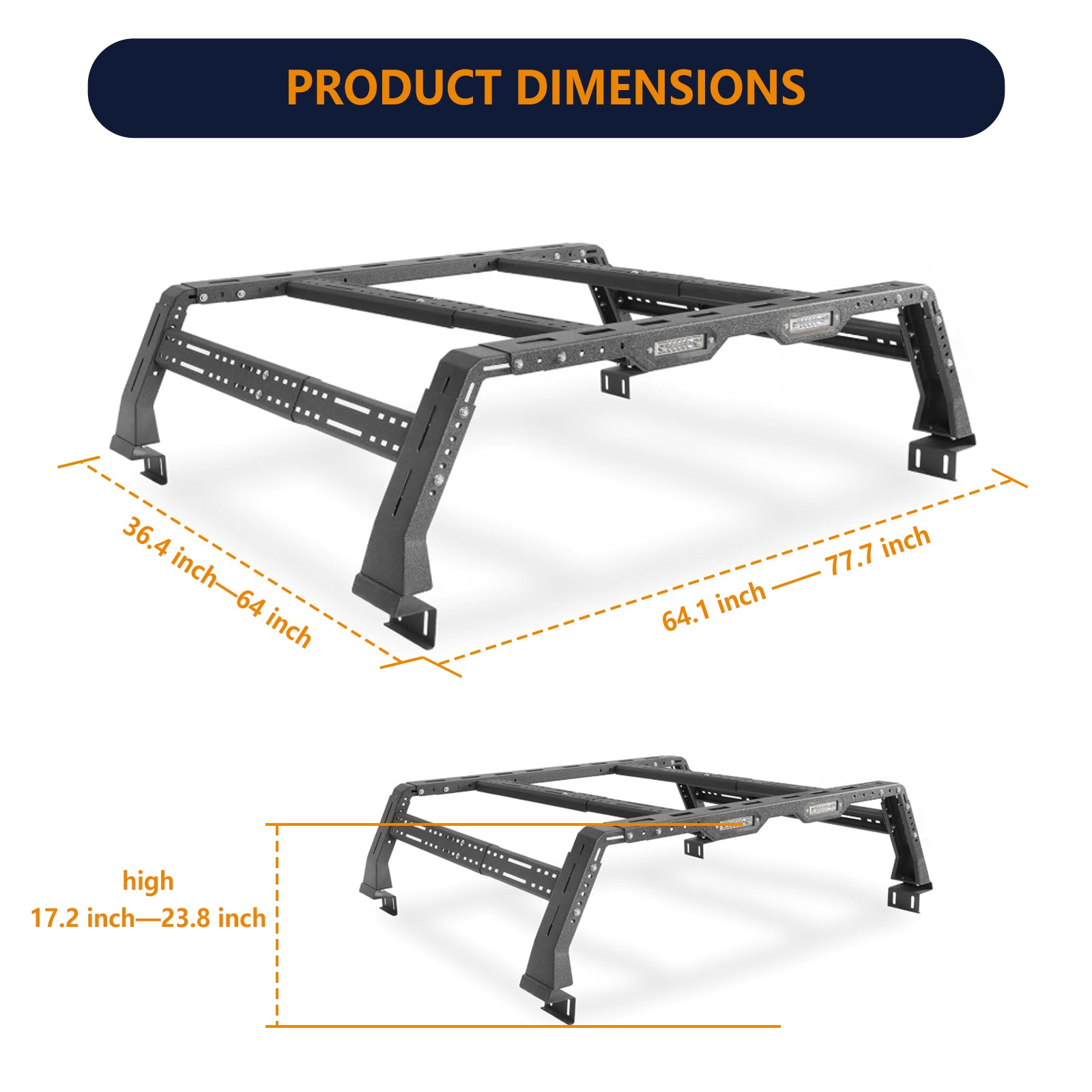 Brave Fighter Roll Bar for Full-Size Truck Adjustable Chase Rack Pickup Sport Bar，Luggage Rack，Adjustable Size, Compatible with Various Pickup Trucks，Black Textured Powder Coat.