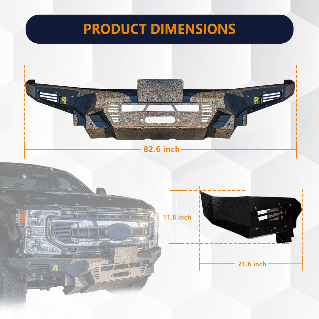The Brave Fighter front bumper is compatible with the 2020-2022 Ford F550, featuring a hoist plate, 3-inch light holes, 20 inch light holes, and a bottom guard [black textured powder coating]
