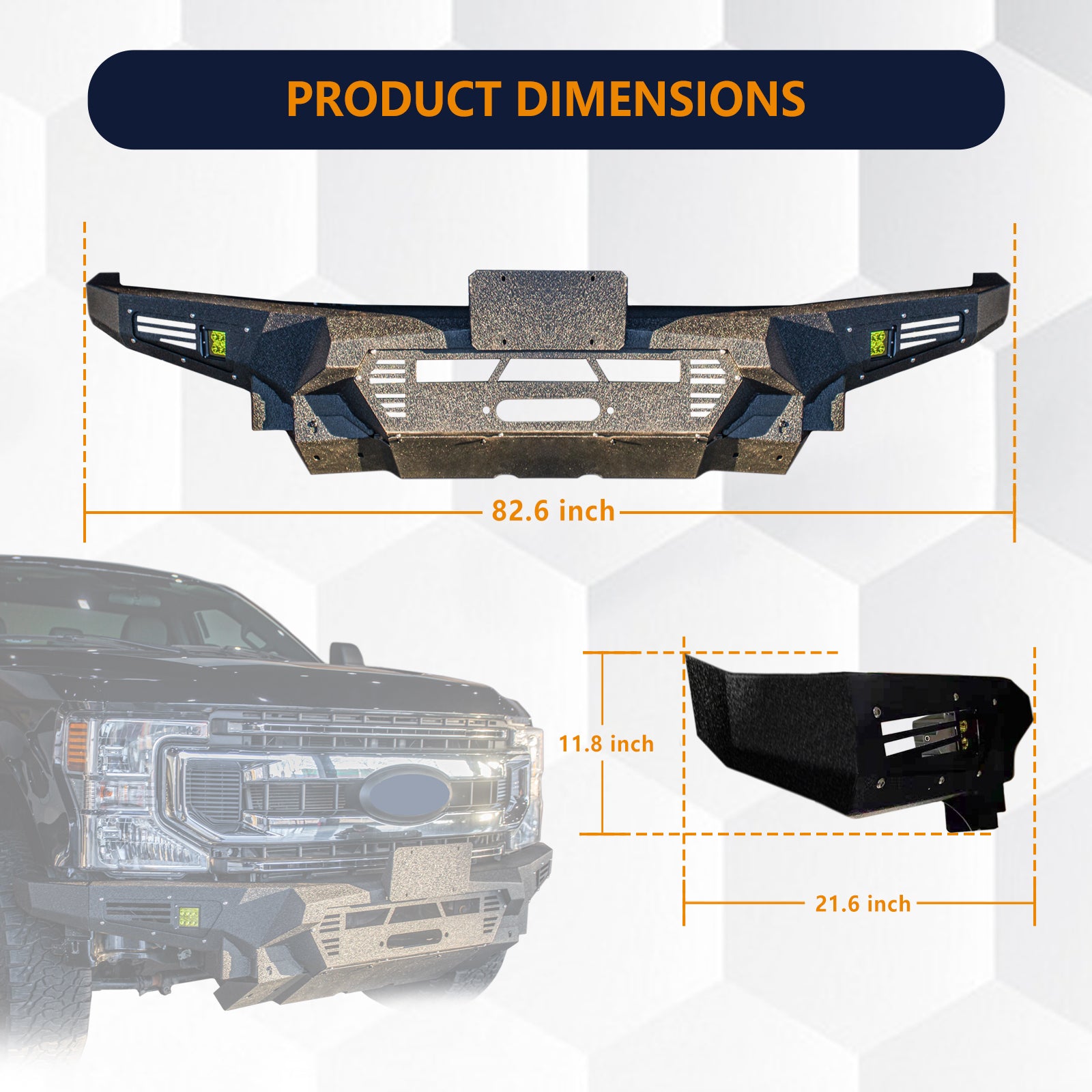 The Brave Fighter front bumper is compatible with the 2020-2022 Ford F550, featuring a hoist plate, 3-inch light holes, 20 inch light holes, and a bottom guard [black textured powder coating]