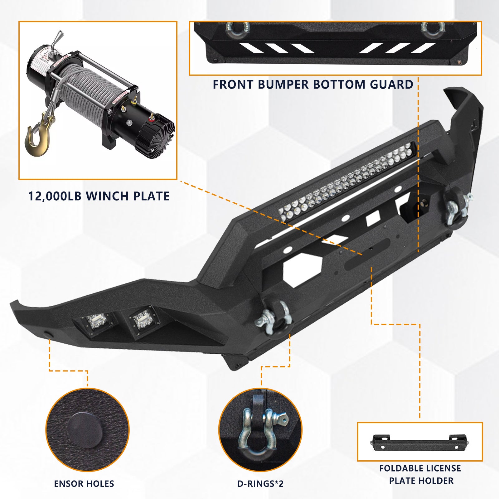 Brave Fighter Front Bumper Compatible with 2007-2013 Toyota Tundra with Winch Plate & 3 inch square light hole & 20 inch long strip light hole & D-Ring〔Black Textured Powder Coat〕