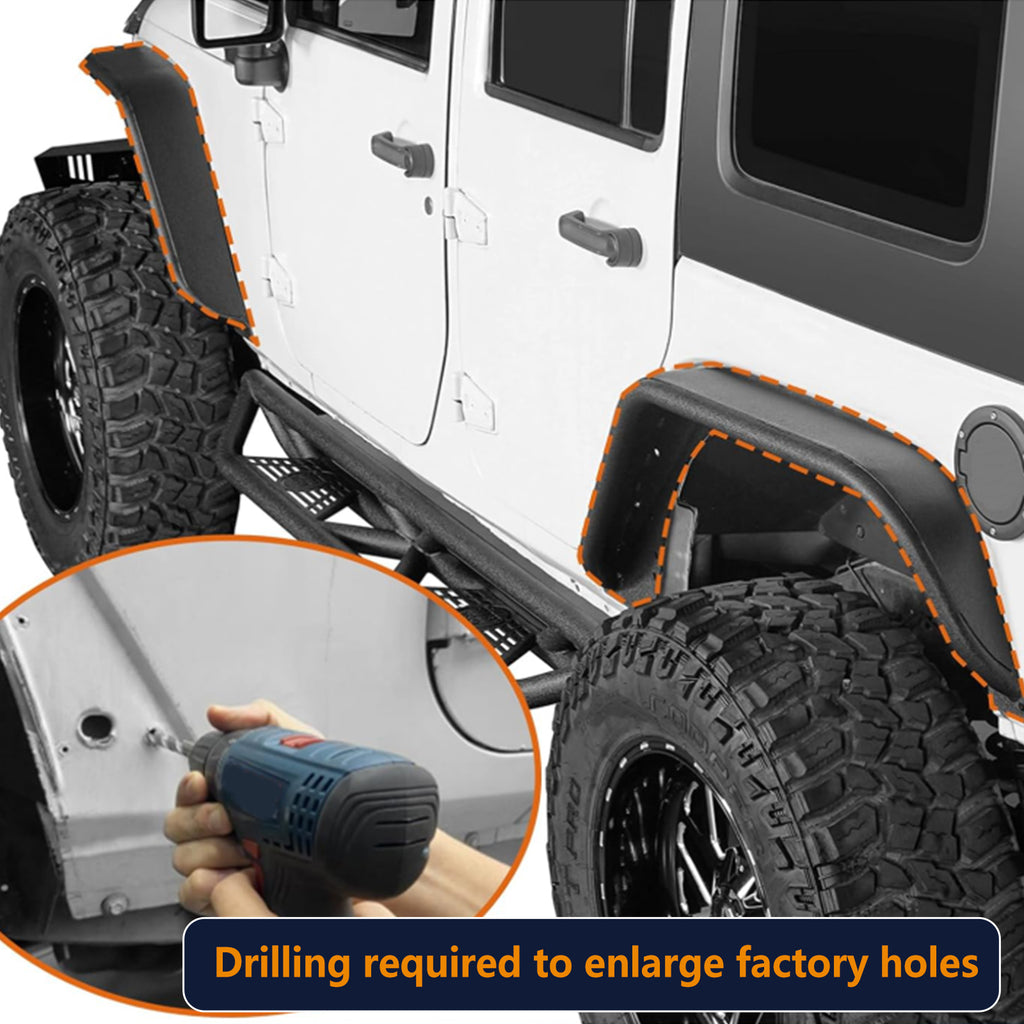 Brave Fighter Flat Fender Flares for 2007-2018 Jeep Wrangler JK, Front and Rear Steel Fenders - 4 PCS Set