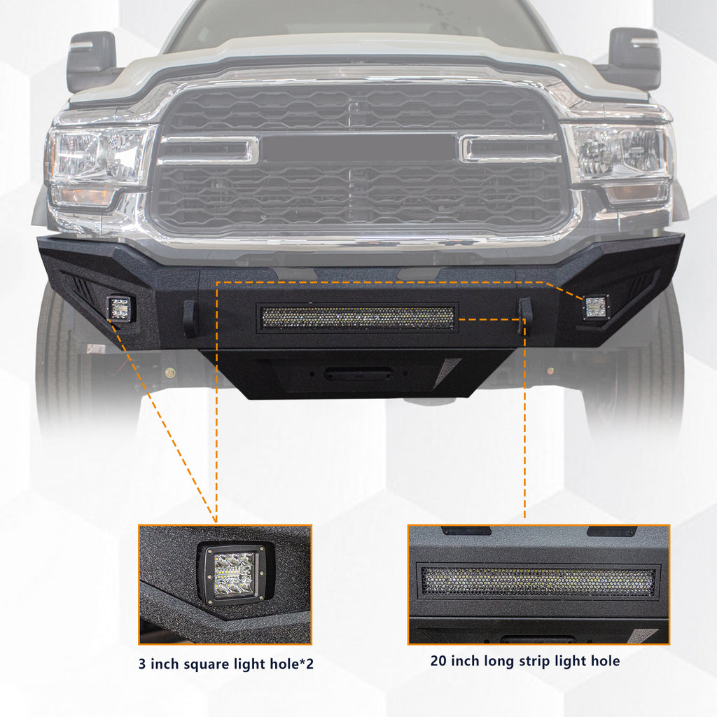 Front Bumper & Rear Bumper Compatible with 2019-2024 Dodge Ram 2500/3500/5500 with Winch Plate & 3 inch& 20 inch light hole & D-Ring〔Black Textured Powder Coat]