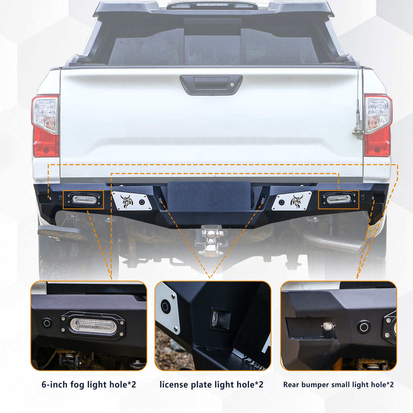 The Brave Fighter front and rear bumpers are compatible with the Nissan Titan, featuring winch plates, Bottom protective plate. Black textured powder coating. (Front Bumper & Rear Bumper)