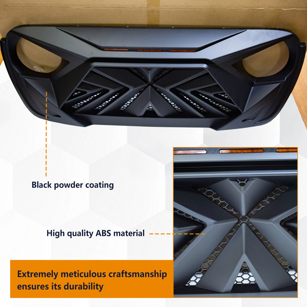 Brave Fighter Front Grill Cover Grille Guard for 2018-2025 Jeep Wrangler JL & Gladiator JT （Amber LED light）