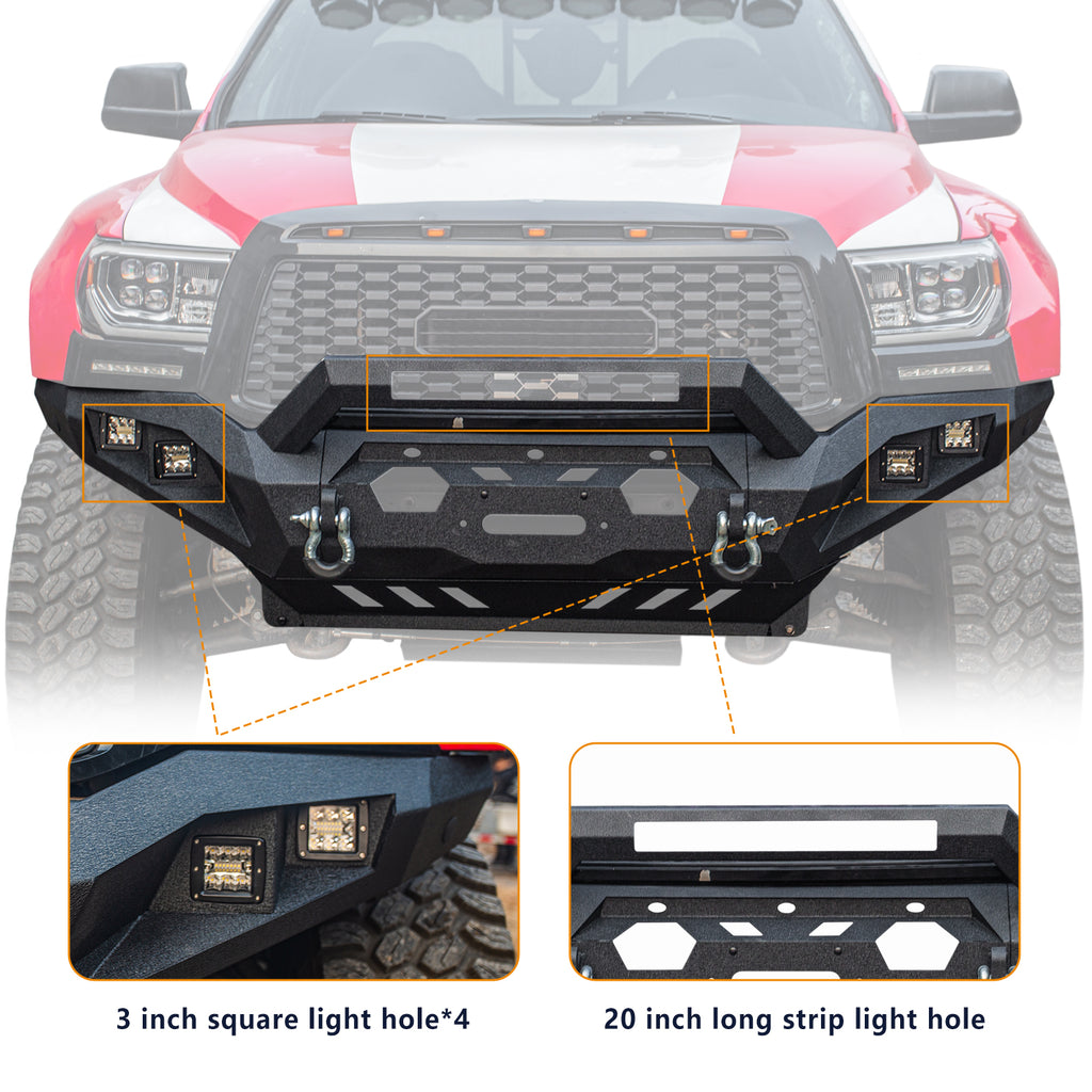 Brave Fighter Front Bumper Compatible with 2007-2013 Toyota Tundra with Winch Plate & 3 inch square light hole & 20 inch long strip light hole & D-Ring〔Black Textured Powder Coat〕